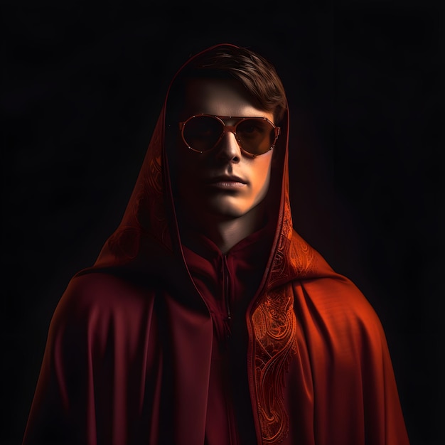 A man wearing a red cape and sunglasses