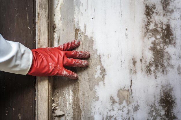 Photo a man wearing a red glove is standing in front of a wall with dirt on it.