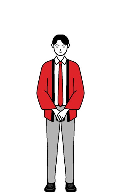 Man wearing a red happi coat bowing with folded hands