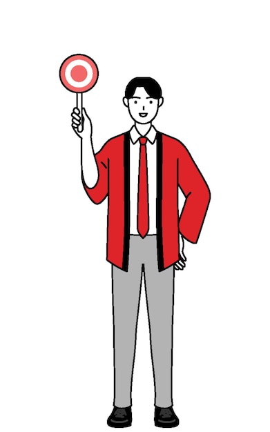 Man wearing a red happi coat holding a maru placard that shows the correct answer