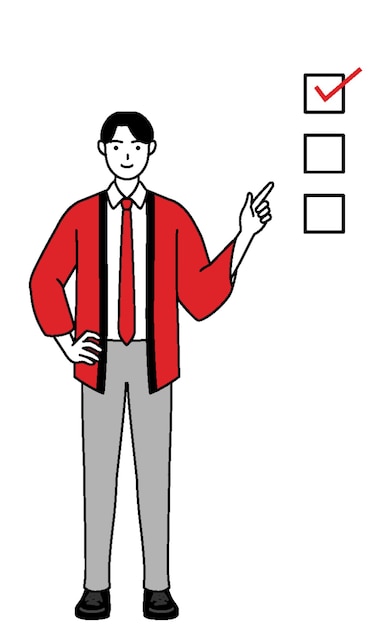 Man wearing a red happi coat pointing to a checklist