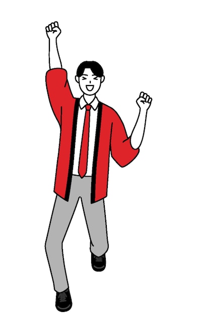 Man wearing a red happi coat smiling and jumping