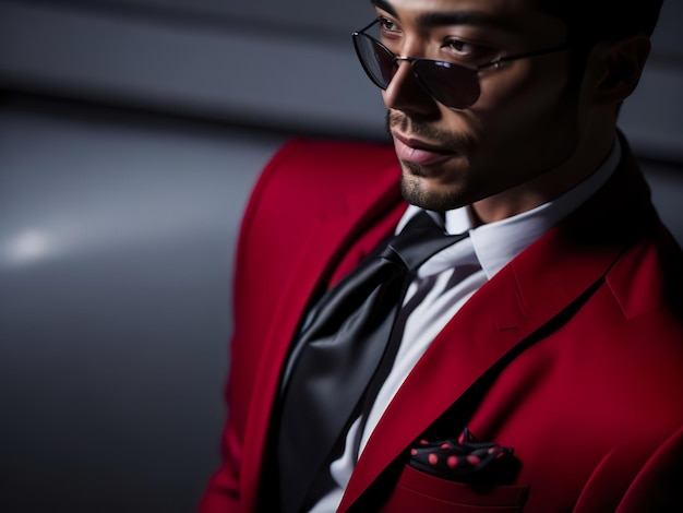 A man wearing a red jacket and a black tie stands in front of a black background.