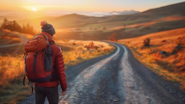 Photo a man wearing a red jacket and a hat is standing on a road