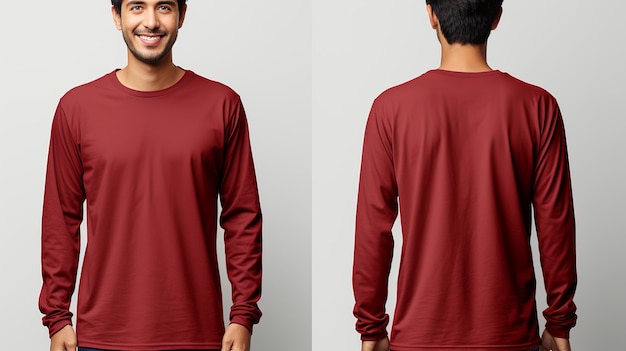 Man wearing a red T shirt with long sleeves Front and back view mockup on white and gray background