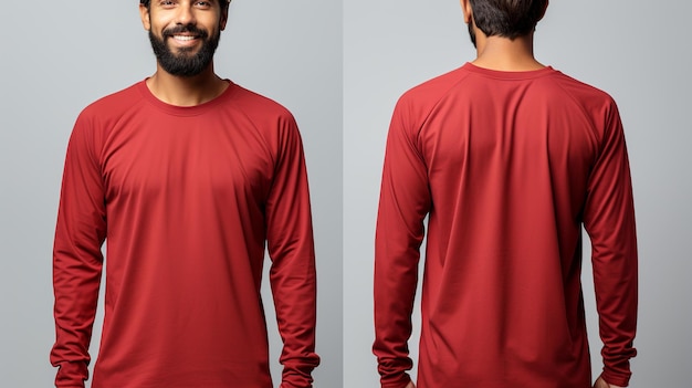 Man wearing a red T shirt with long sleeves Front and back view mockup on white and gray background