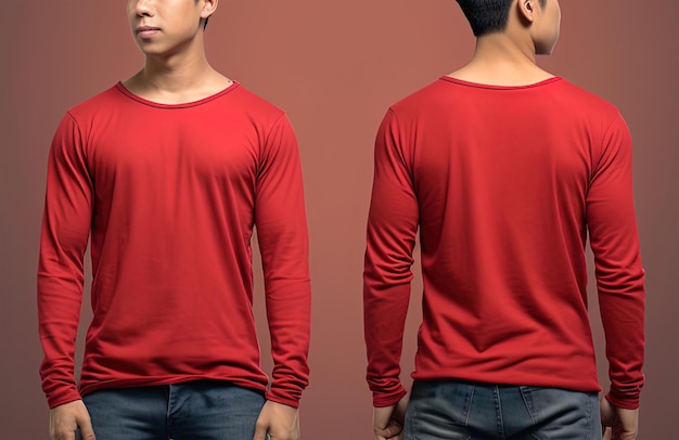 Photo man wearing a red tshirt with long sleeves front and back view