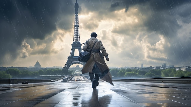 A man wearing a renaissance clothes at the Eiffel Tower in a thunderstorm ai generated