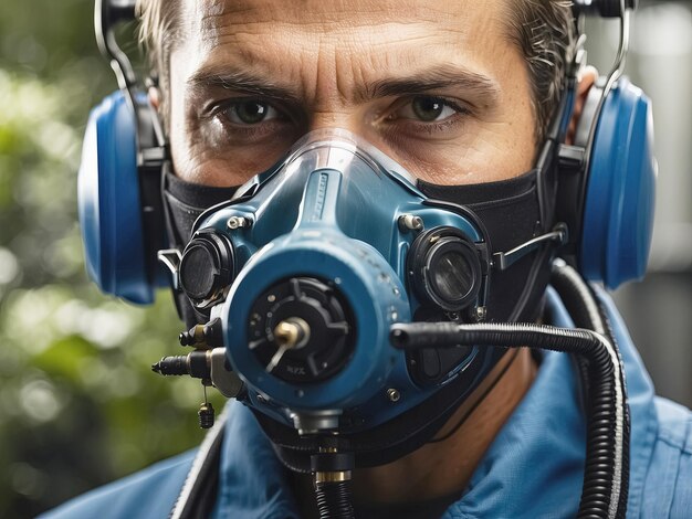 Foto uomo che indossa il concetto di protezione respiratoria generative ai