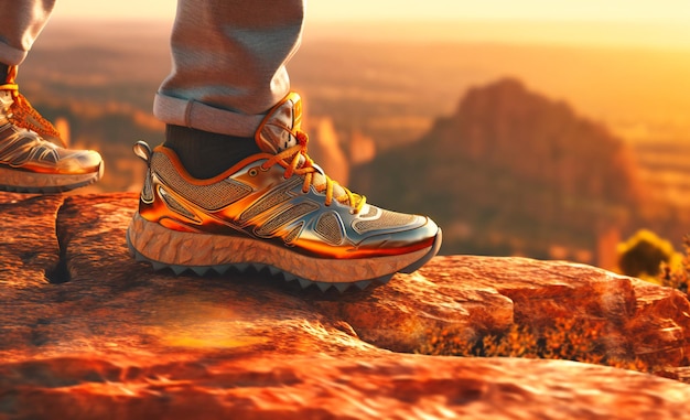 A man wearing running shoes in a scenic setting