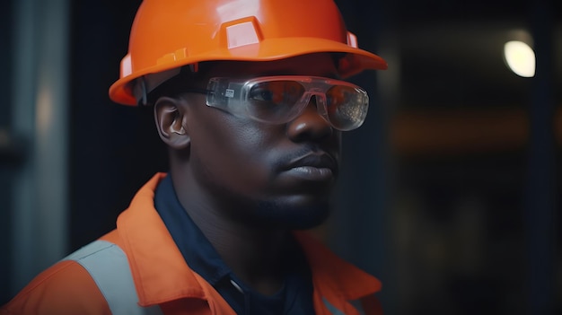 A man wearing safety glasses and a hard hat stands in front of a blurred background.