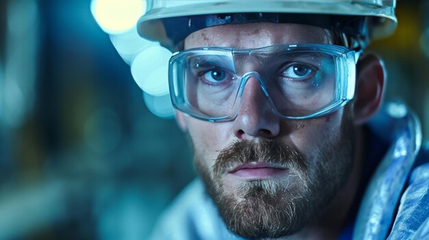 Photo man wearing safety goggles and hard hat at construction site labor day