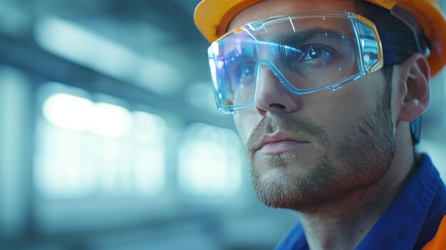 Photo man wearing safety goggles and hard hat at construction site labor day