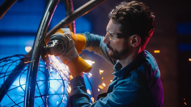 A man wearing safety goggles and a safety helmet works with a metal structure.