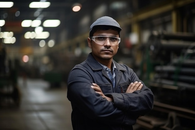 A man wearing safety goggles stands in a factory