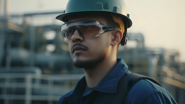 A man wearing safety goggles stands in front of a gas station.