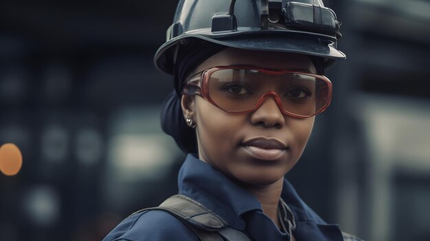 A man wearing a safety helmet and goggles stands in front of a factory.