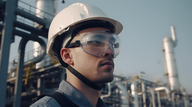 A man wearing a safety helmet and goggles stands in front of a factory.