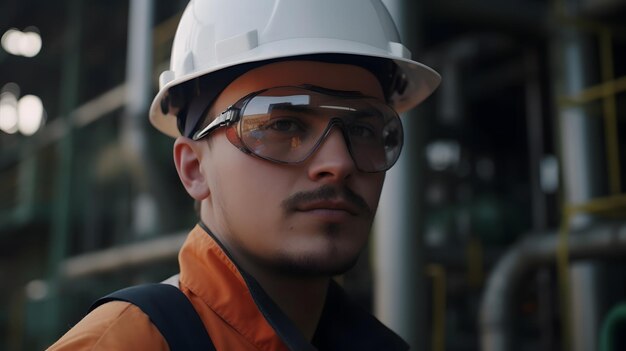 A man wearing a safety helmet and goggles stands in front of a gas station.