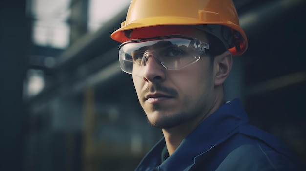 A man wearing a safety helmet and safety glasses stands in front of a factory.