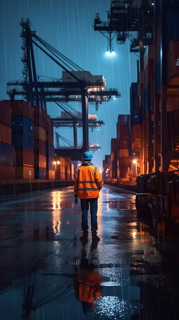 Man wearing a safety jacket gazing out at a bustling industrial port