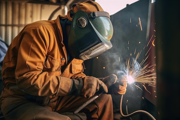 A man wearing a safety mask and a helmet is welding a metal structure.