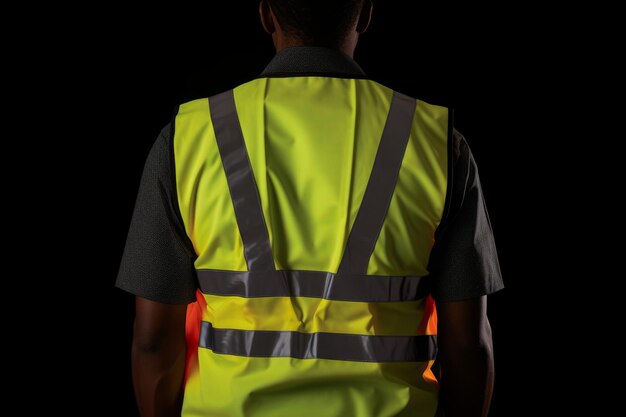 Photo man wearing safety vest in dark illuminated by flashlight