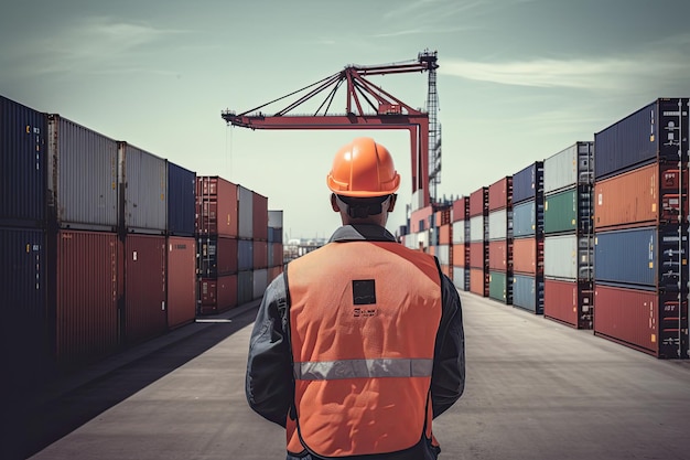 A man wearing a safety vest stands in front of a container yard