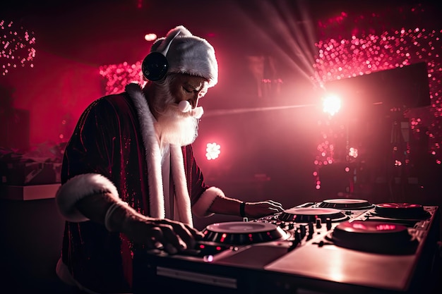 A man wearing a santa claus hat dj