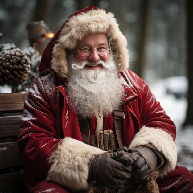 Человек в шляпе Санта-Клауса держит коробку сосновых конусов.