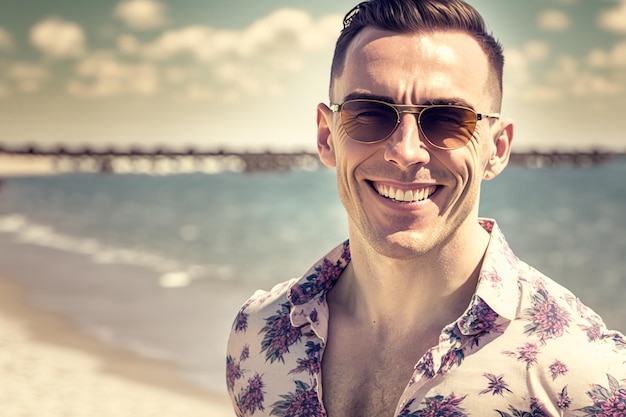 A man wearing a shirt that says'i'm a beach '