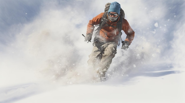 粉雪で走っているスノーシューウォーカーを着た男性冬の季節の活動に関する画像テキストのコピースペース