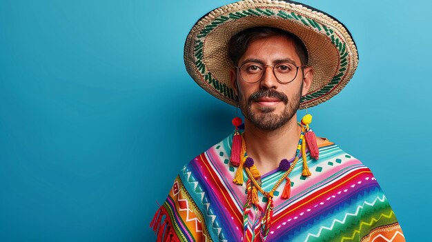 Photo a man wearing a sombrero and a colorful shirt with a colorful shirt on it