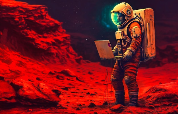 A man wearing a space suit is holding a laptop on a red planet