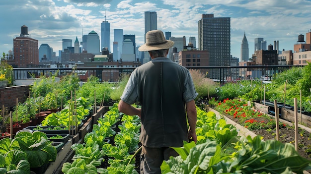 Photo a man wearing a straw hat and overalls tends to a rooftop garden in the middle of a bustling city