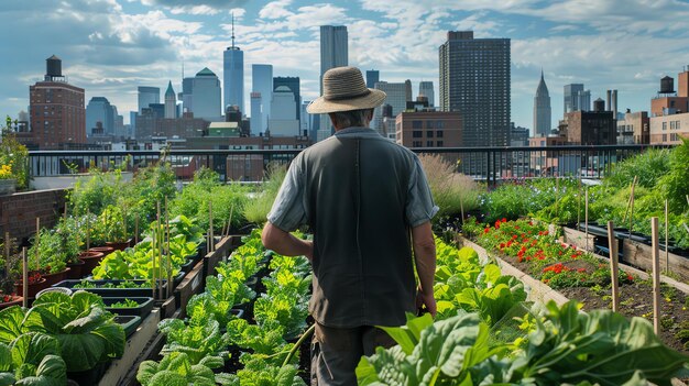 A man wearing a straw hat and overalls tends to a rooftop garden in the middle of a bustling city