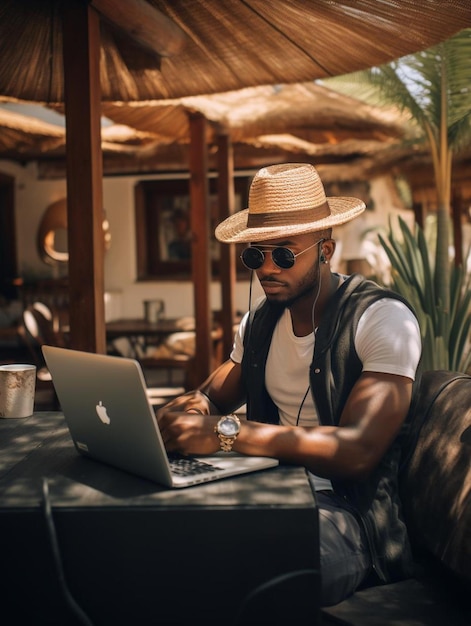 a man wearing a straw hat sits at a table with a laptop and a watch on his lap.