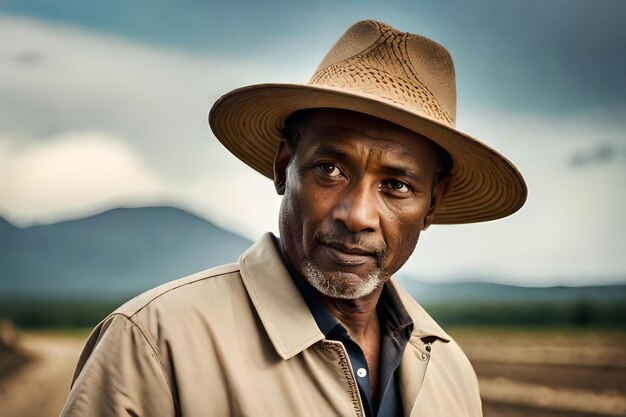 Photo a man wearing a straw hat stands in a field with mountains in the background