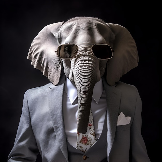 Foto un uomo che indossa un abito e una maschera da elefante grigio.