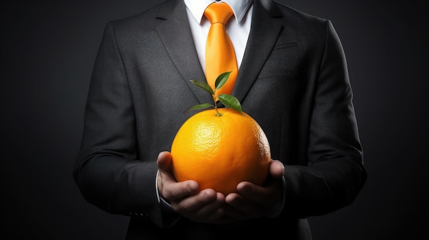 Man wearing suit holding orange on the isolated background