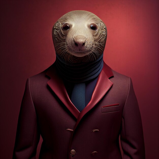 A man wearing a suit and a seal head wearing a red jacket.