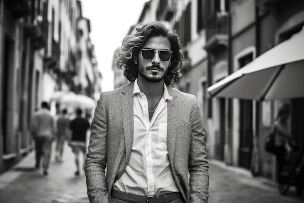 Man wearing a suit and sunglasses walking down a street