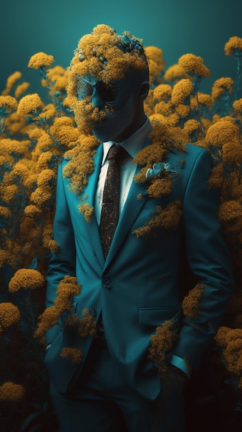 花でいっぱいのスーツのネクタイを着た男性のイラスト画像 AI 生成アート