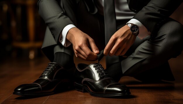 Photo a man wearing a suit and tie sits on a wooden floor