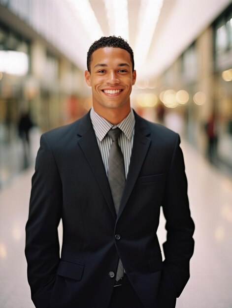 A man wearing a suit and tie smiles in a building.