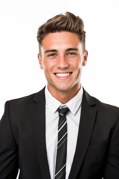 a man wearing a suit and a tie that says  hes smiling