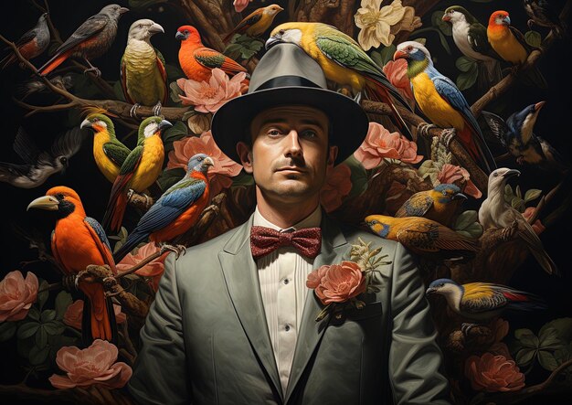 Photo a man wearing a suit and a tuxedo with parrots on his chest