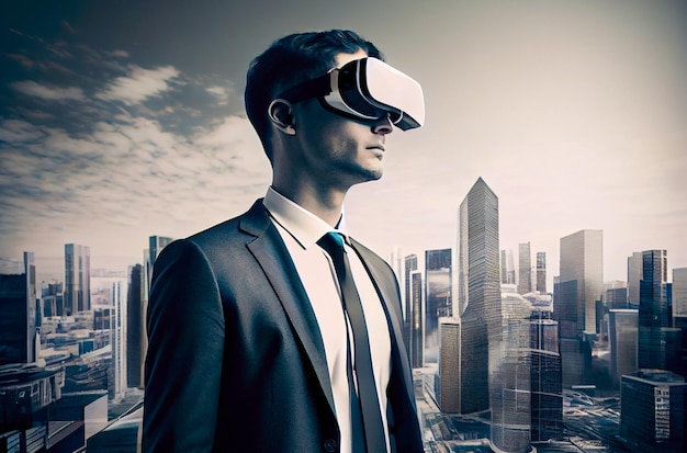 A man wearing a suit and a virtual reality headset stands in front of a cityscape.