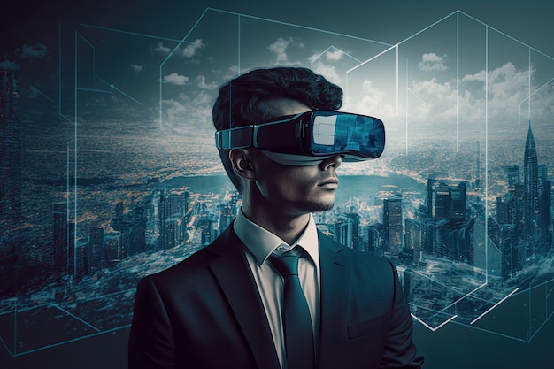 A man wearing a suit and a virtual reality headset stands in front of a cityscape.