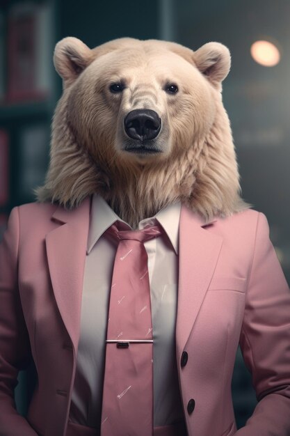 Photo a man wearing a suit with a bear head on his head this unique and quirky image can be used to add a touch of humor and creativity to various projects